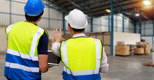 Two people in safety vests and hard hats stand in a warehouse, one holding a laptop and the other with their hand up.