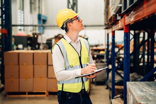 A professional inspector examines a pallet rack, diligently taking notes on its condition. He wears a hard hat and safety vest.