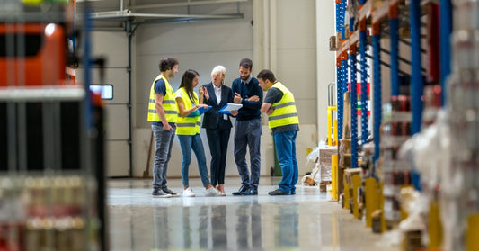 Warehouse employees and managers having a meeting in a warehouse aisle beside tall racks and stacked pallets.