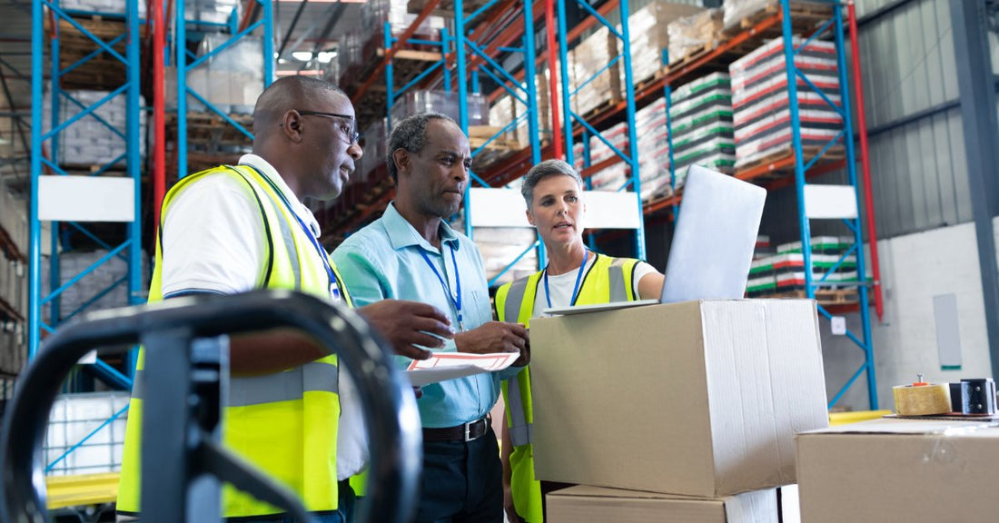 Warehouse workers wearing safety vests gathering around a laptop at a table with boxes and shelves nearby.