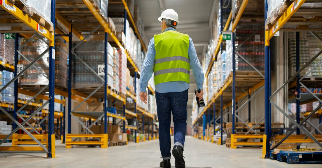A worker wearing a hard hat and safety vest walking down a bright warehouse aisle between tall shelves of boxes.