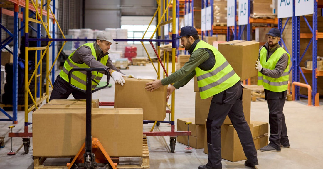 Three people in safety vests moving cardboard boxes on pallet jacks between shelves inside a warehouse aisle.