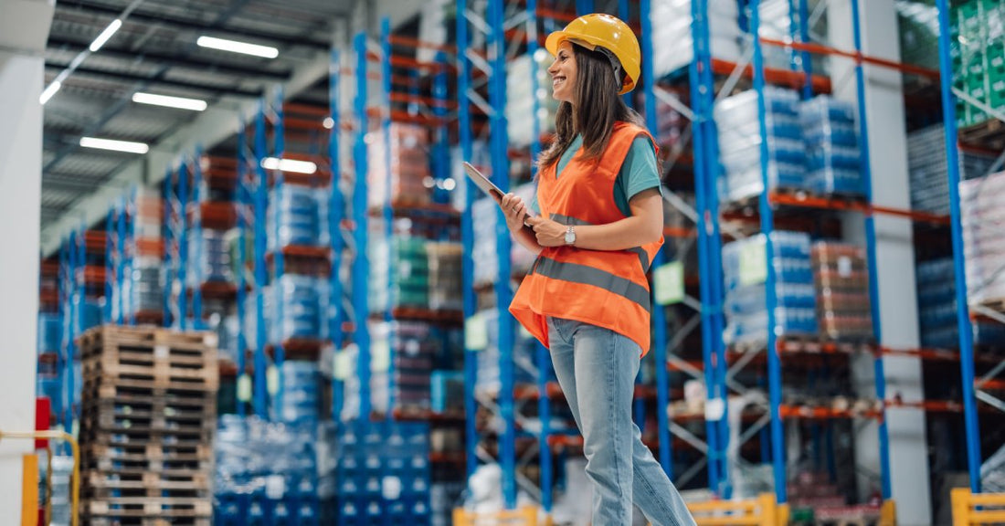 A woman wearing an orange hard hat and a safety vest holds a clipboard as she walks in a warehouse that has pallet racks.