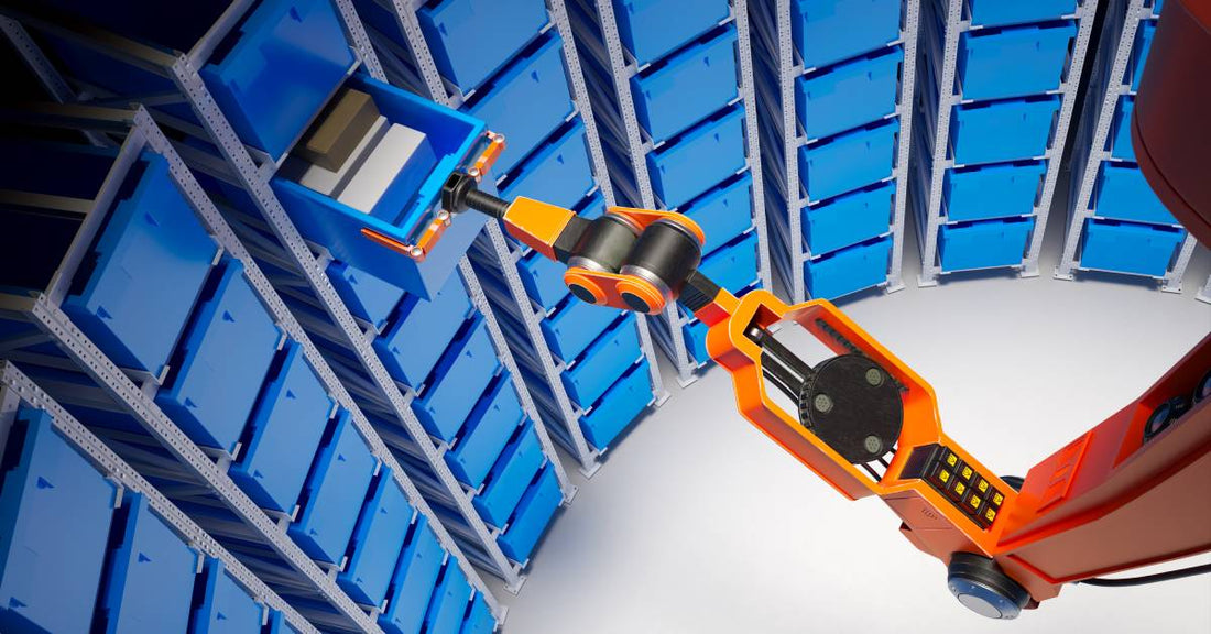 An orange robotic arm opens a bin that is high up in a tall stack. There are multiple rows of racks holding blue bins.