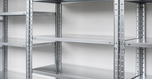 Empty metal shelving units inside a warehouse. The warehouse has blank, white walls behind the shelves.