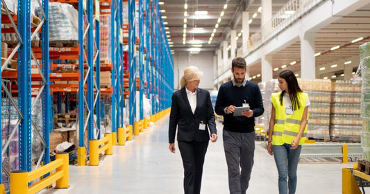 Managers in a warehouse with an employee. The managers are in business attire, and the worker is wearing a safety vest.