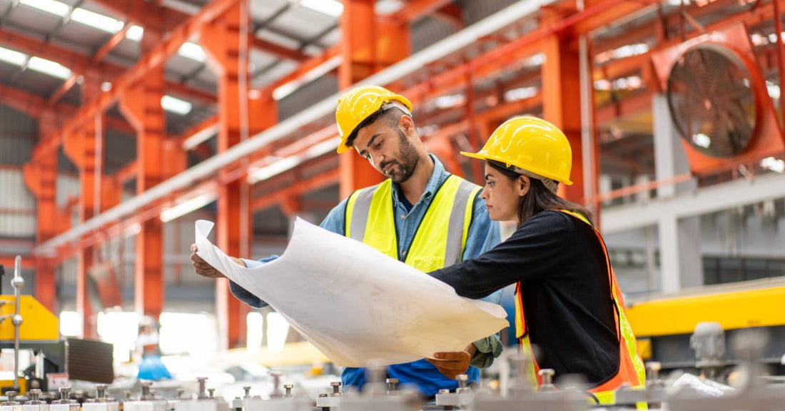 An engineer and worker in a warehouse looking over a blueprint together. They are both wearing safety gear.