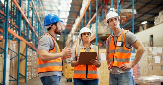 People wearing safety equipment are about to conduct a warehouse inspection. One of them is holding a clipboard.