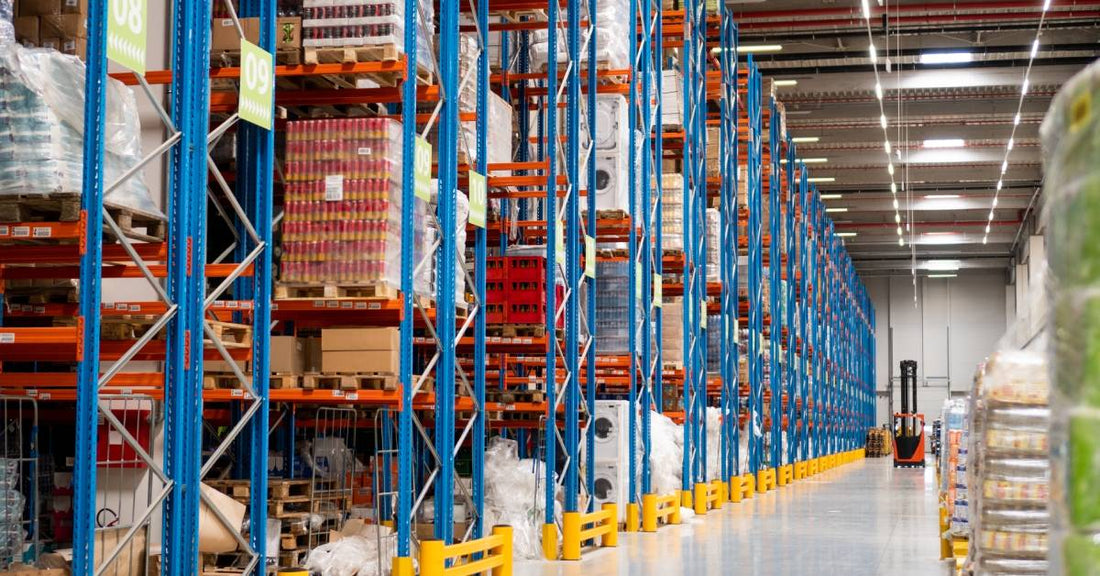 Products stacked together neatly on a pallet rack storage system in a warehouse or distribution center.