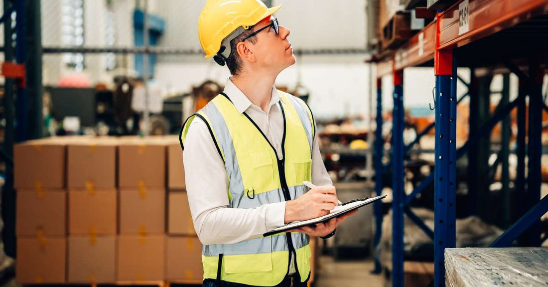 A man wearing a safety vest and hard hat examines a racking system in a warehouse and jots down notes on paper.